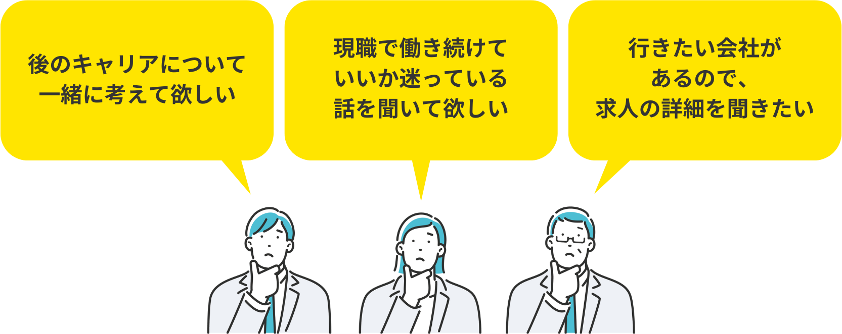 後のキャリアについて一緒に考えて欲しい 現職で働き続けていいか迷っている話を聞いて欲しい 行きたい会社があるので、求人の詳細を聞きたい